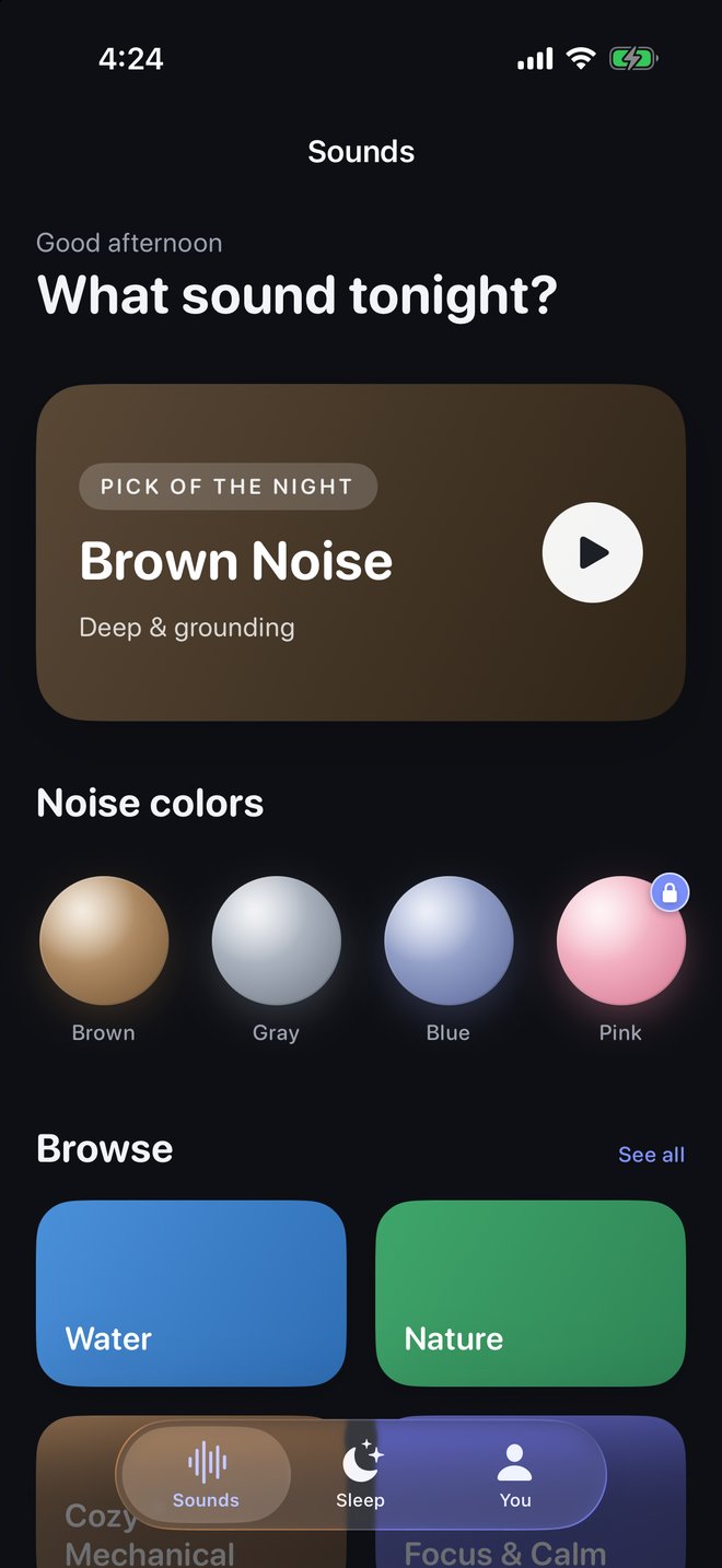 Noizim home screen with a nightly pick and noise-color spheres