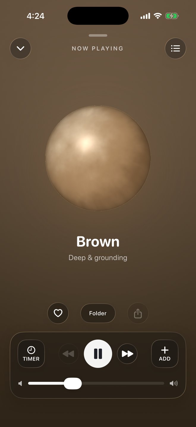 Noizim Now Playing — the Brown noise orb with a sleep timer and transport controls